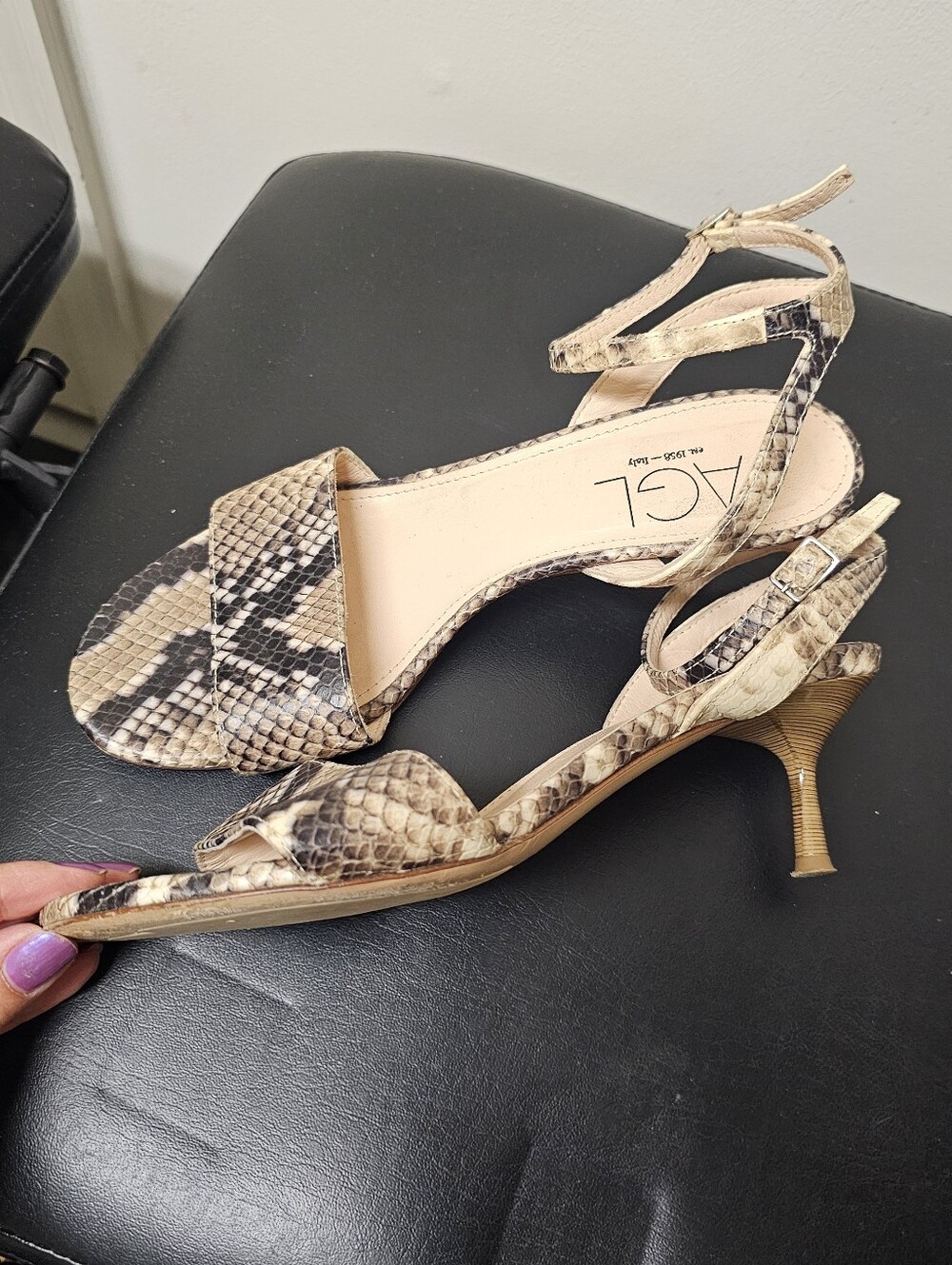 AGL Beige and Black Snake-Print Ankle-Strap Kitty Heel Sandals Size EU37 US 7